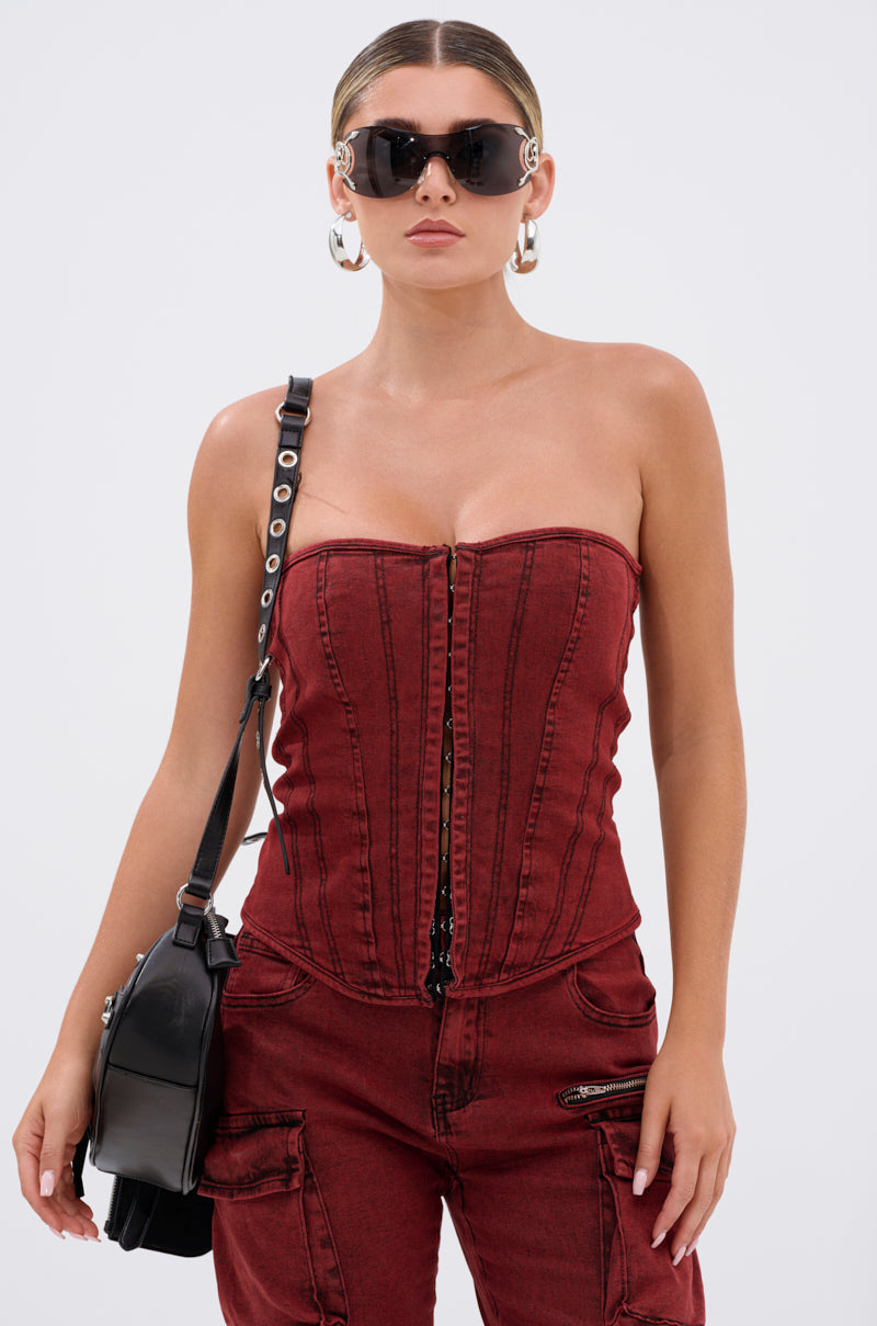 IT GETS EASIER DENIM CORSET IN BURGUNDY