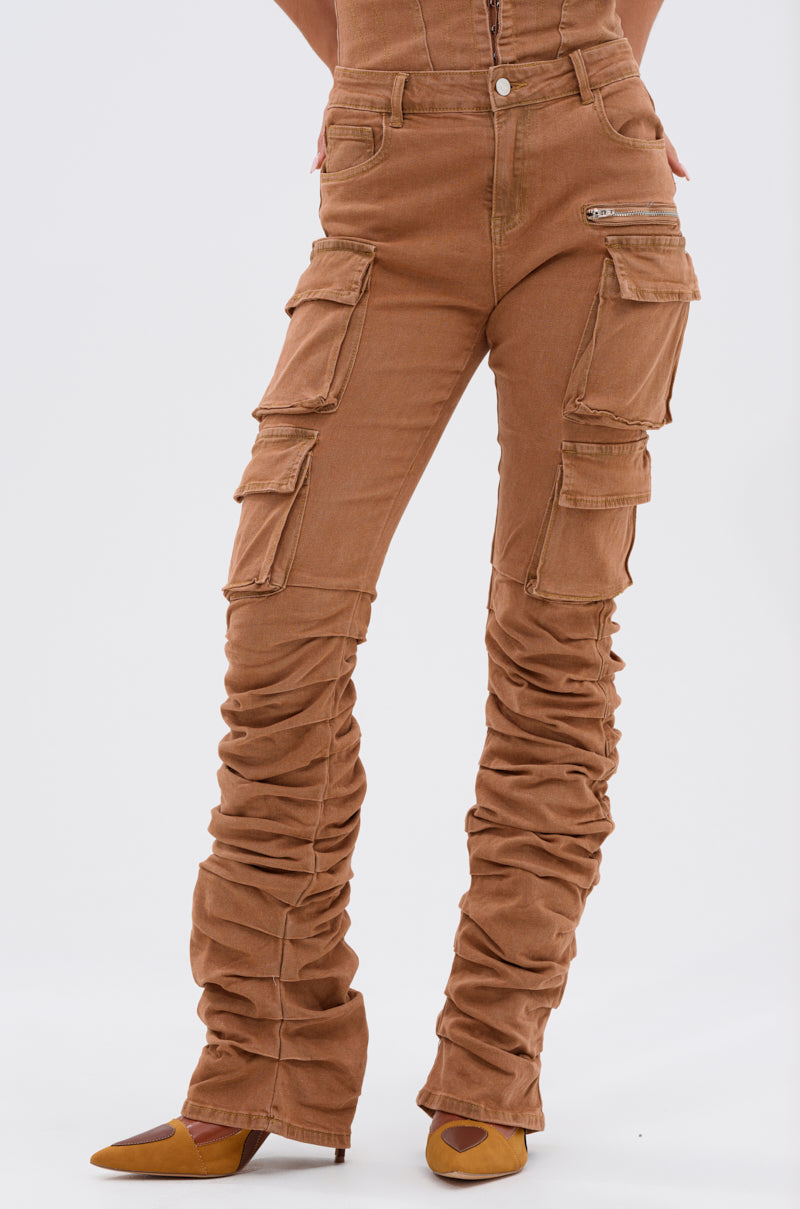 IT GETS EASIER STACKED CARGO PANT IN MOCHA