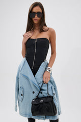 BUSINESS IN THE FRONT DENIM BLAZER MIDI DRESS
