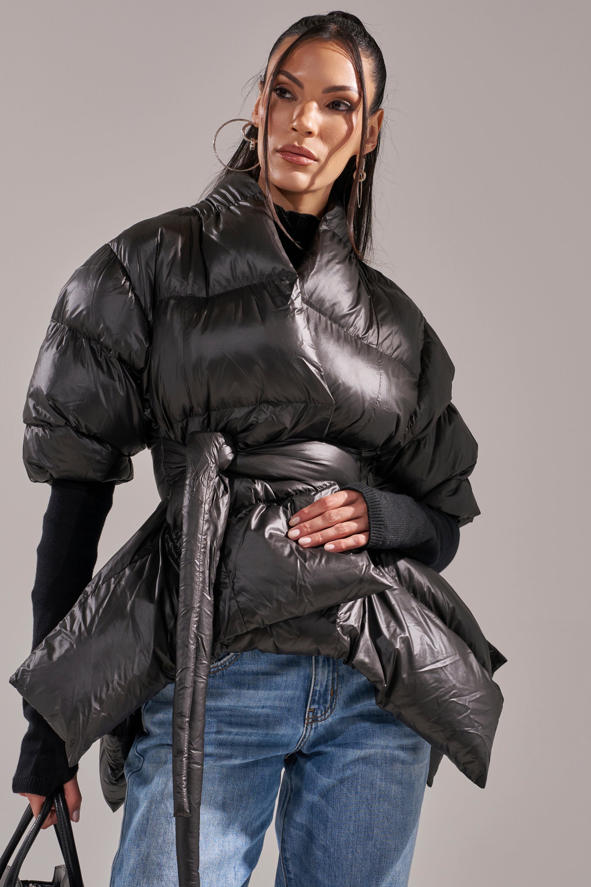 A STEP AHEAD LONG RIBBED SLEEVE PEPLUM PUFFER COAT