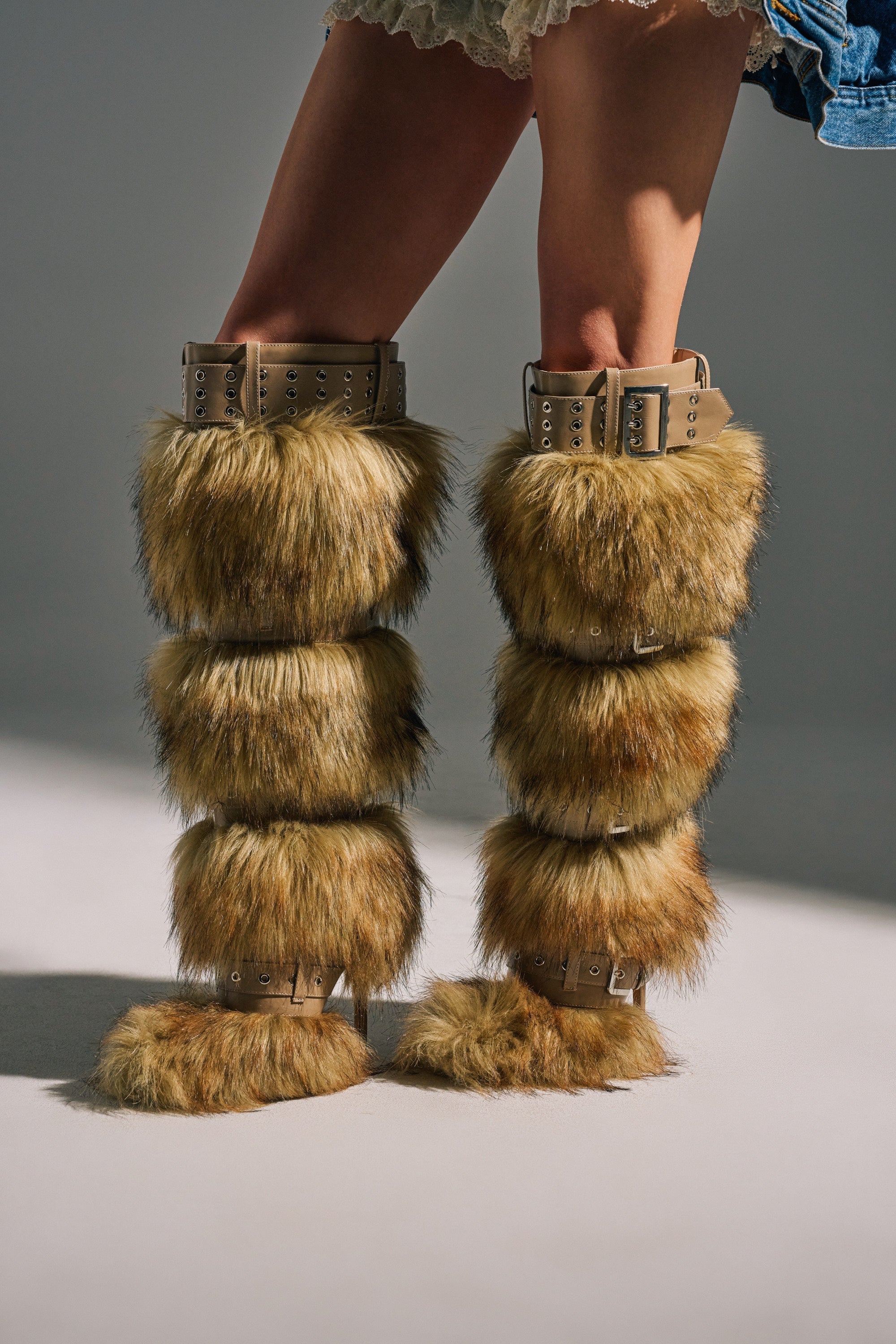 AZALEA WANG AMALBERT BROWN MULTI FUR AND BUCKLES BOOT
