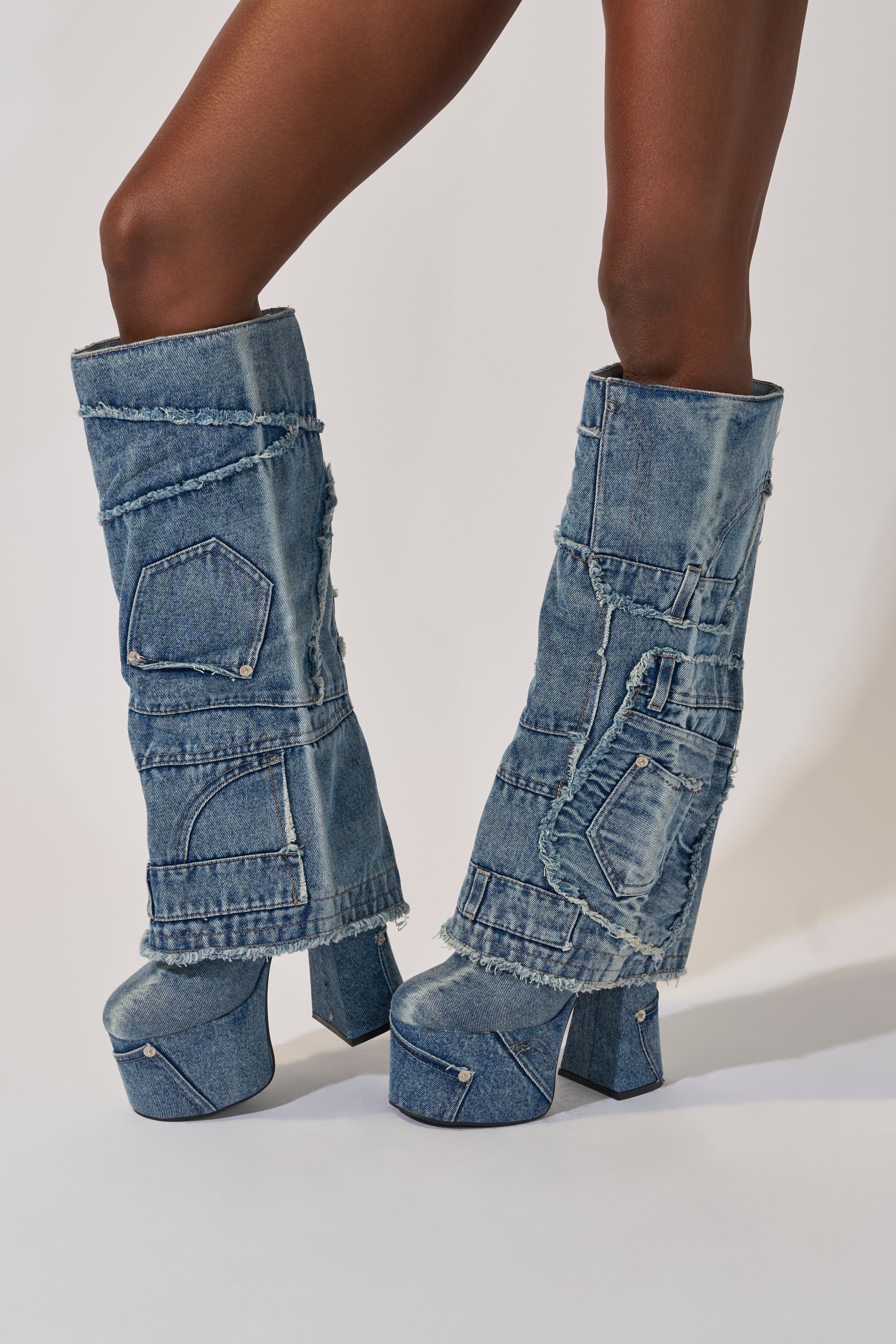 AZALEA WANG DUMI DENIM CHUNKY PATCHWORK BOOT