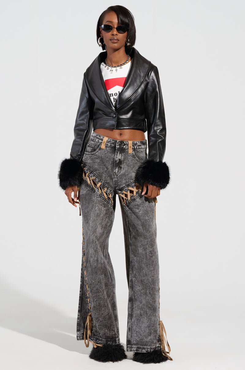 LACED WITH STYLE LACE UP DENIM JEANS