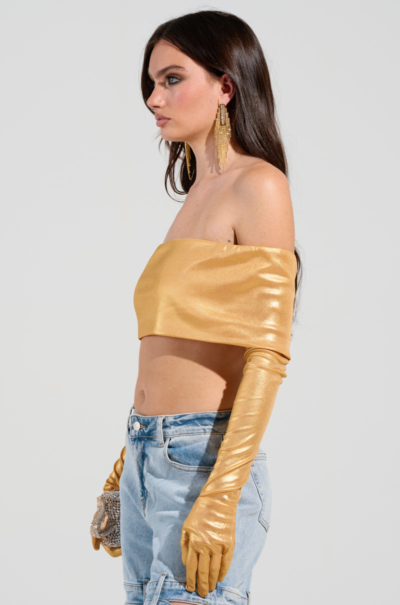 JUST LIKE MAGIC SLINKY OFF THE SHOULDER GLOVED TOP IN GOLD