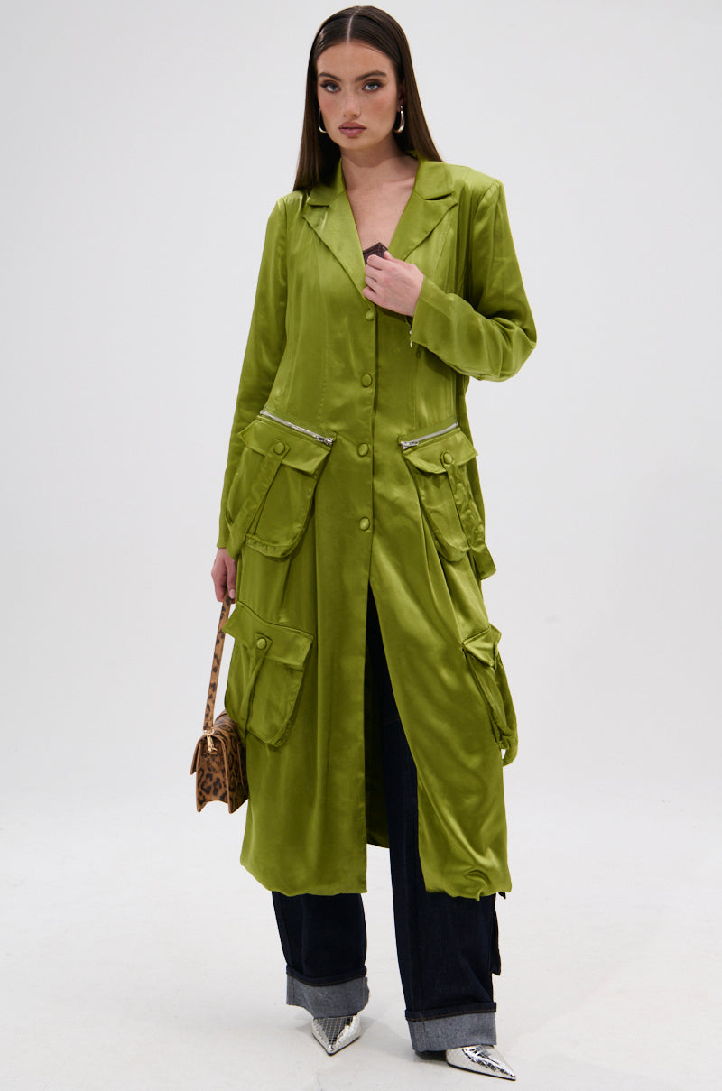OUTTA TIME SATIN CARGO TRENCH