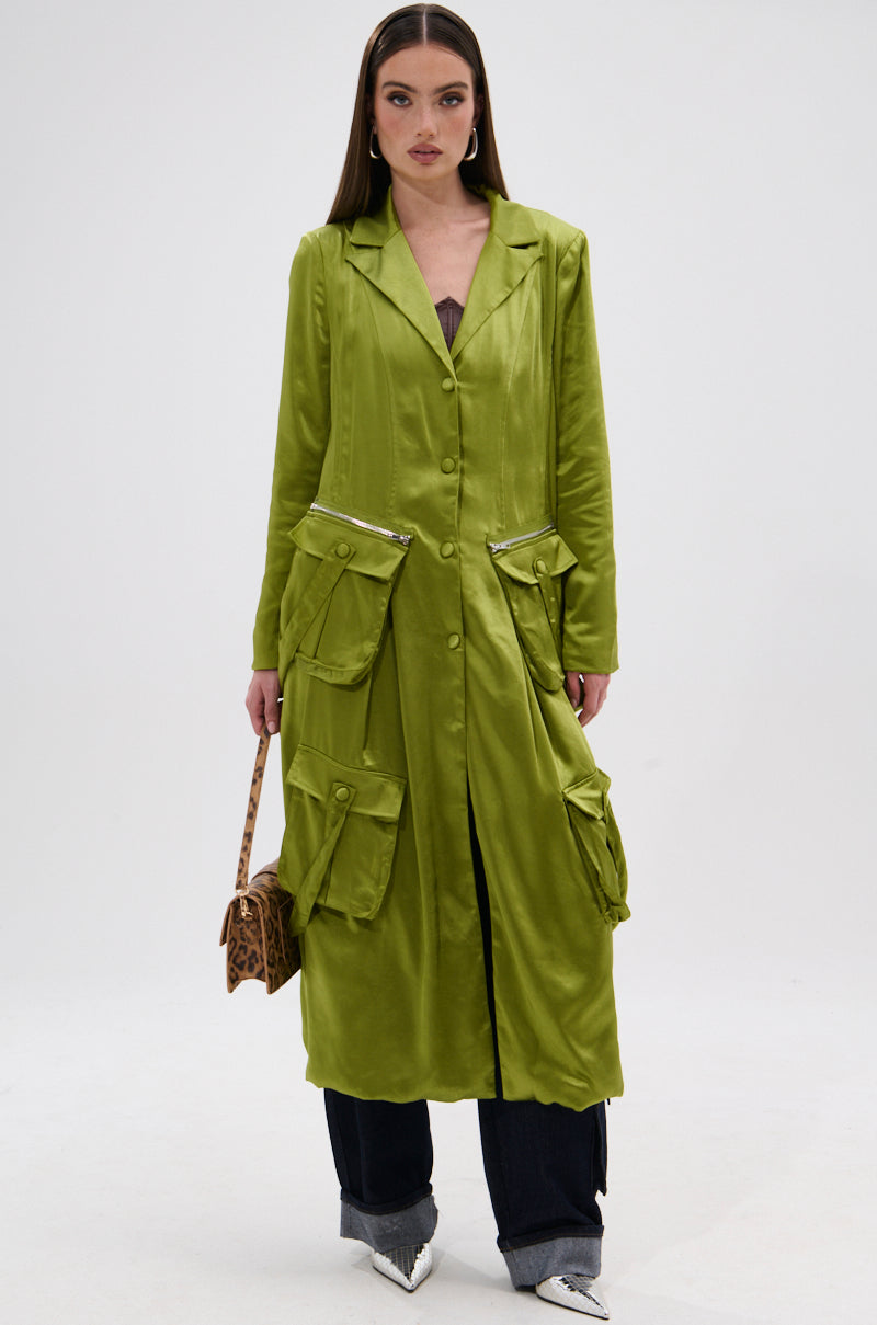 OUTTA TIME SATIN CARGO TRENCH