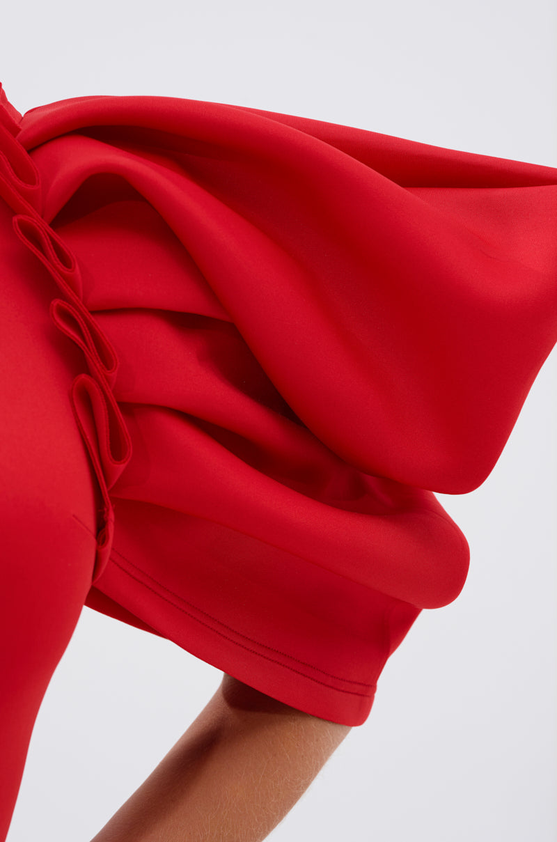 PURE JOY MIDI DRESS WITH DRAMATIC SLEEVE IN RED